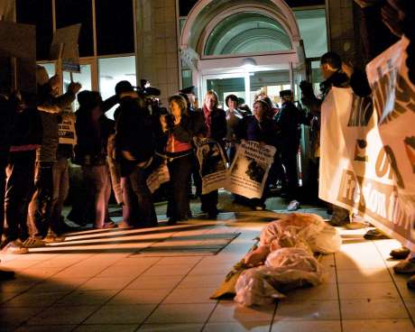 Women anti-war activists outside Raytheon in Derry