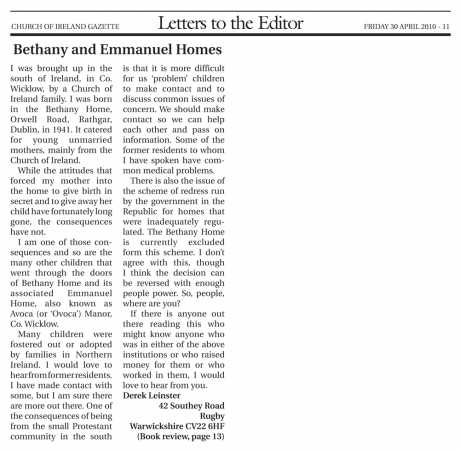 Derek Leinster - letter in Church of Ireland Gazette May 2010