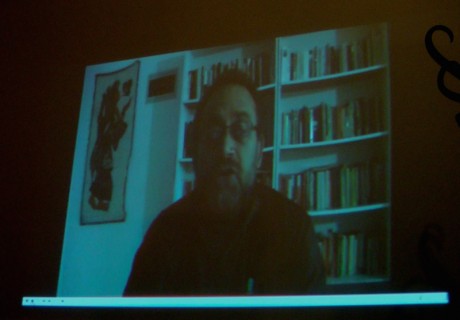 Click on image to see full-sized version Dr. Haidar Eid of the Islamic University in Gaza address the audience from Gaza