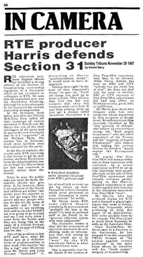 Click on image to see full-sized version The late Gerald Barry of RTE wrote this Sunday Tribune column on 29 November 1987 that exposed Harris RTE witch-hunt - click to read