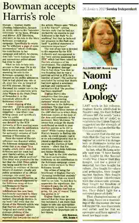 Click on image to see full-sized version Naomi Long MP Sunday Independent apology and letter from John Bowman - click to read