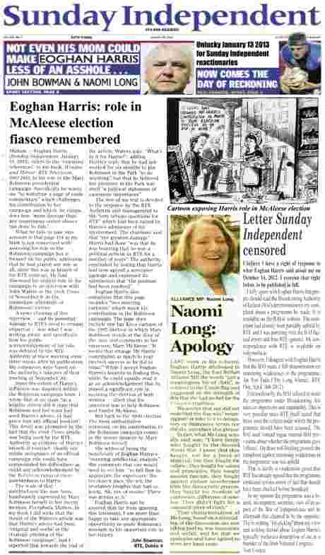 Click on image to see full-sized version Sunday Independent 20 January 2013 - Eoghan Harris exposed - plus censored letter - click to read