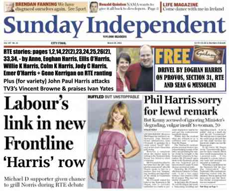 Click on image to see full-sized version 11 articles on RTE filling 9 pages in Sunday Indpendent 18 March 2012