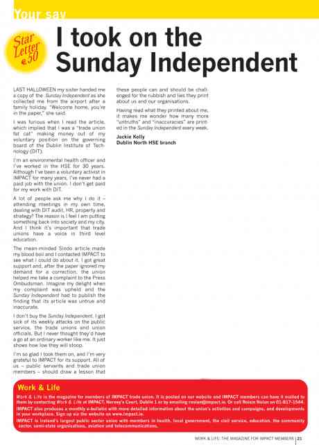 Click on image to see full-sized version Jackie Kelly letter in Impact magazine on her SINDO battle - click to read