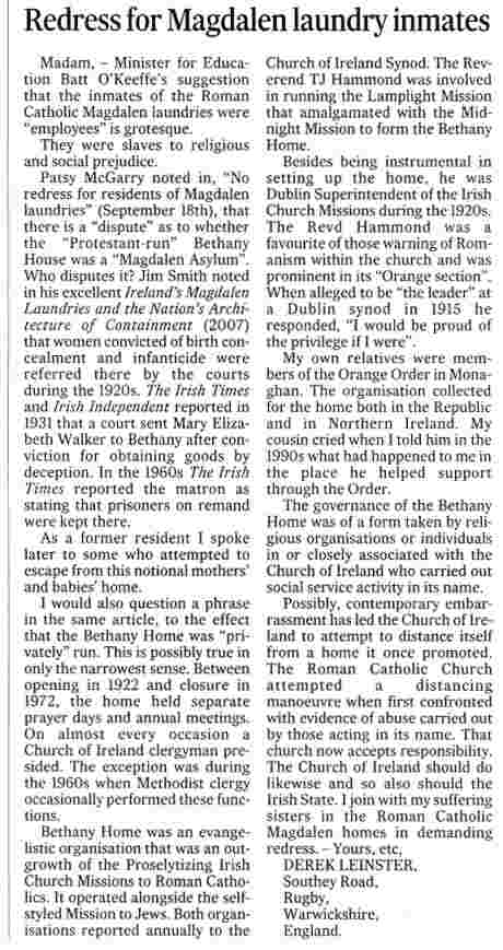 Irish Times 22 Sept 2009 Magdalen laundry - Bethany Home and the Church of Ireland