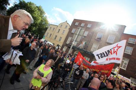 Joe Higgins Socialist Party MEP speaking at the rally at the Dil