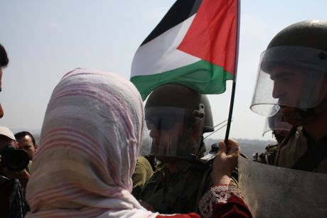 Click on image to see full-sized version Woman handed palestine flag at Bil'in Demonstration against Apartheid wall